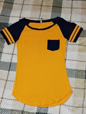 Splash Yellow Tee with Navy Raglan Sleeves & Pocket
